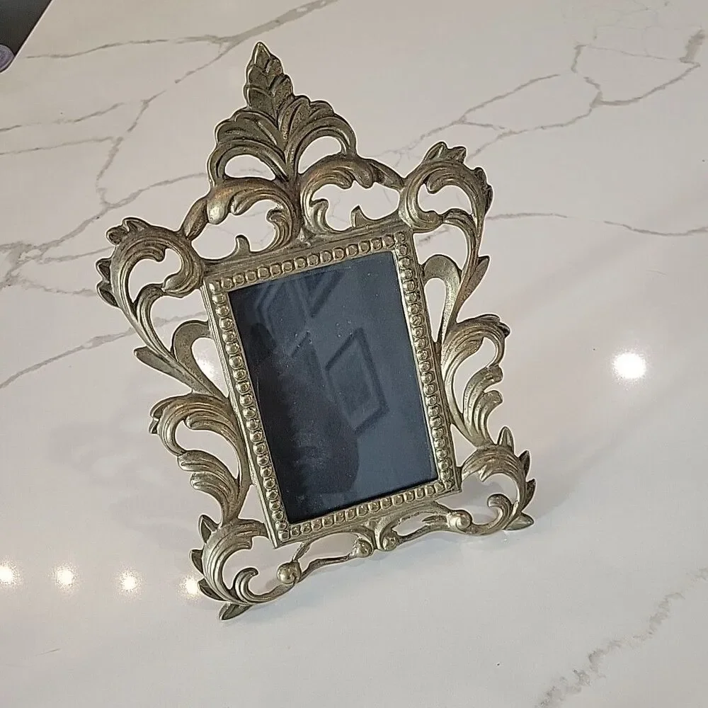 Vintage Ornate Cast Brass Art Nouveau Picture Frame Holds 4” X 6” Picture